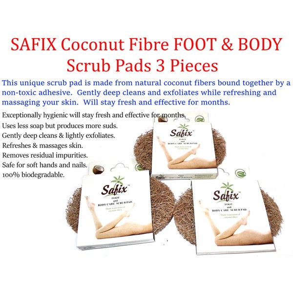 3 x SAFIX Coconut Fibre FOOT & BODY Scrub Pads * Gently deep cleans & exfoliates