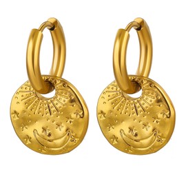 Flongo Sun Moon Earrings for Women: Pack of 2 Gold Stud Earrings Hoop Earrings Long Earrings Gold-Plated Stainless Steel Round Earrings with Embossed Motif Pendant Hanging Fighting Solitaire Sunshine