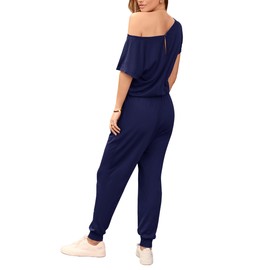 PRETTYGARDEN Jumpsuits for Women 2025 Summer Dressy Off Shoulder Romper Spring Vacation Travel Lounge Outfits Clothes (Navy,Large)