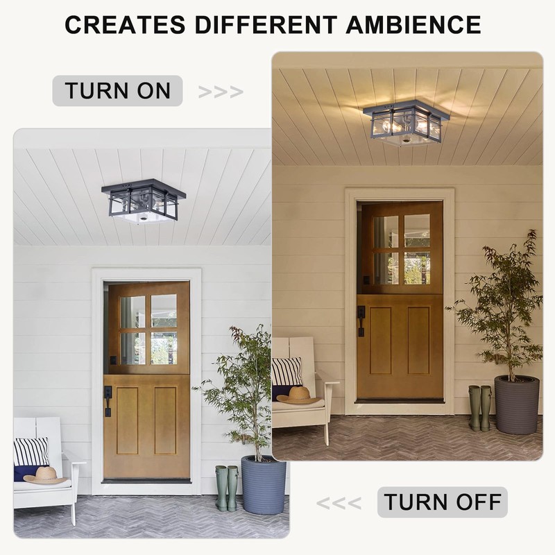 Motion Sensor Outdoor Flush Mount Ceiling Light, Industrial Glass Rustic