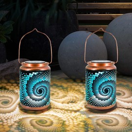 2 Pack Boho Solar Lanterns Hanging Bohemian Lantern Solar Lights Outdoor Waterproof Garden Light, Metal Lantern Solar Table Light LED Lantern for Garden