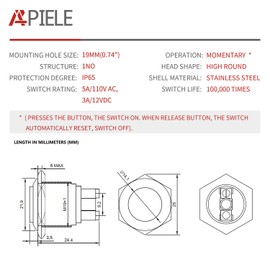 APIELE 19mm Momentary Push Button Switch High Round Cap Waterproof Stainless Steel Metal High Flush Screw Terminals 250V 5A 1NO SPST (Pack of 2)