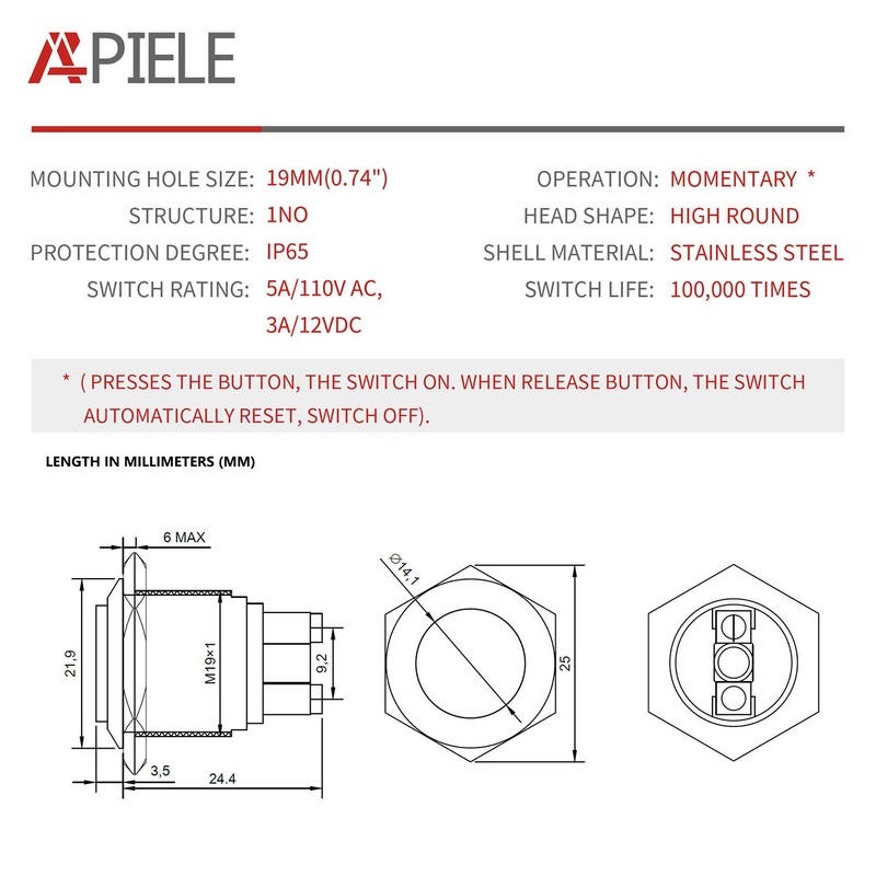 APIELE 19mm Momentary Push Button Switch High Round Cap Waterproof