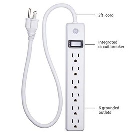 GE 6-Outlet Power Strip, 2 Ft Extension Cord, Heavy Duty Plug, Grounded, Integrated Circuit Breaker, 3-Prong, Wall Mount, UL Listed, White, 14830