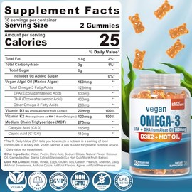 Vegan Omega 3 Gummies 1280mg + Vitamin D3 K2 (MK7), Omega 3 Fish Oil Alternative for Adults, w/Algae EPA 600mg & DHA 400mg, MCT Oil - No Fish Taste - 