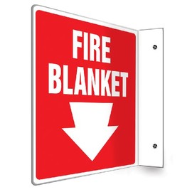 Accuform PSP705 Projection Sign 90D, "FIRE Blanket (Arrow), 8" x 8" Panel, 0.10" Thick High-Impact Plastic, Pre-Drilled Mounting Holes, White on Red
