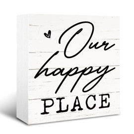 Happy Decor Signs, Farmhouse Home Dorm Decors, Family Room Decor, Living Room Decors for Tabletop, Shelf Decoration, Wooden Box Sign Decorative, Our Happy Place Sign, 5×5×1.2inches
