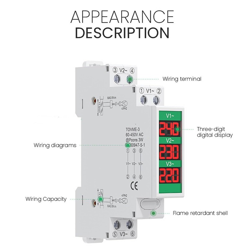 3 Phase AC Voltmeter 60-450V LCD Digital Voltage Meter Electric