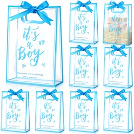 Sinload 25 Pcs Baby Shower Gifts Bags for Guests Clear Plastic Gift Bag with Die Cut Handles Reusable PP Flower Bag with Ribbon for Gender Reveal Party Guest Gift, 7x10x3.15 Inch(Boy)