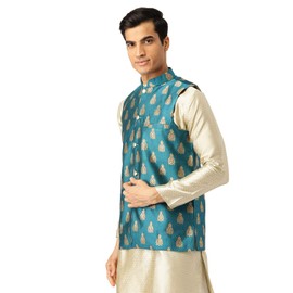 SOJANYA (Since 1958) - Chaqueta Nehru de mezcla de seda para hombre, color magenta y dorado, Azul turquesa, Large