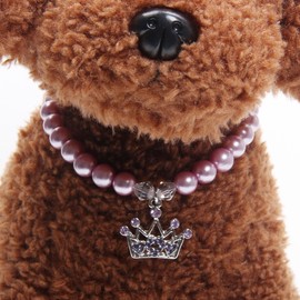 XKSRWE Dog Cat Pearls Necklace Collar with Rhinestones Crown Charm Pendant Pet Puppy Jewelry (M, Purple)