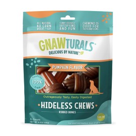 Gnawturals Rawhide Free Dog Chews | Ribbed Bones | for Medium - Large Dogs | Pumpkin, Psyllium Husk and Chicory Root for Easy Digestion and Overall Gut Health (5 Bones, Pumpkin)