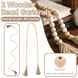 RAINFLOW Wood Bead Garland with Tassels - 2PCS Farmhouse Rustic Country Decorative Beads Home Decor, Natural Color, 50inch 14mm 84 Round,Boho,Farmhouse Beads Wall Hanging Decor