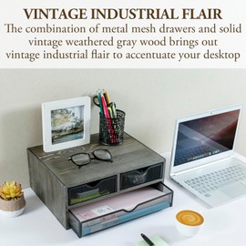 MyGift Vintage Weathered Gray Solid Wood Desktop Organizer Box with 3 Removable Black Metal Mesh Trays, Office Desk Supplies Storage Drawers for Accessories