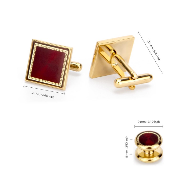 Wynamleri burgundy cufflink studs, golden dinner shirt buttons and cuff