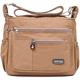 SHIFANQI Crossbody Bag for Women, Multi Pockets Waterproof Nylon Shoulder Handbag, Fashion Travel Crossbody Purse, Lightweight Purse for Women (Khaki)