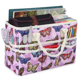 qianshan Craft Organizer Tote Bag with Multiple Pockets, Large Art Storage Caddy with Handles for Art, Craft, Sewing, Make-up，Scrapbooking, Medical, and Office Supplies Storage.Purple Butterfly