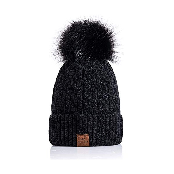 Page ONEWomen Winter Pom Pom Beanie Hats Warm Fleece Lined,Chunky Trendy Cute Chenille Knit Twist Cap/Black