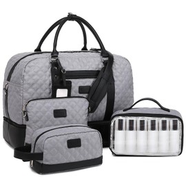 Wogarl 4PCS Weekender Bags for Women Large Overnight Bag Weekend Travel Duffel Bag Carry on Shoulder with Shoe Compartment Canvas Toiletry Bag for Travel Business Gym(Grey-LG)