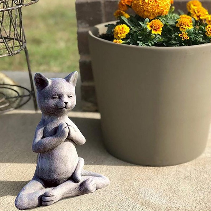 Buddha Cat Statue Zen Prayer Pose Home Memorial Decor Meditation