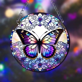 Colorful Butterfly Flower Stained Windows Hanging Suncatcher,Flower Stained Acrylic Suncatchers Window Ornament Stained Glass Panel Sun Catcher Wall Hanging Decor Birthday Gifts