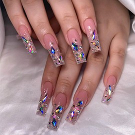 RUOKEXIN Long Press on Nails Square Fake Nails Ombre False Nails with Rhinestones Designs Pink Nail Press ons Sparkly Artificial Nails Full Cover Glue on Nails Cute Glue on Nails for Women 24Pcs