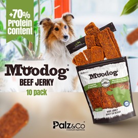 Palz&Co Moodog Beef Jerky Dog Treat Chews, 100% All Natural Beef Strip, Grain Free Healthy Treats - 10 Pack