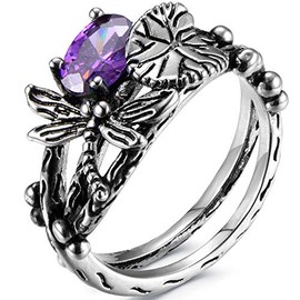 Jude Jewelers Retro Vintage Style Dragonfly Lotus Leaf Promise Statement Party Ring (Purple, 10)