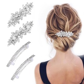 4 PCS Hair Clips, Crystal Hair Clips, Silver Hair Clip, Pearl Bridal Hair Clips, for Wedding Guest Hair Barrettes for Women Bride Bridesmaid, French Hairpins Fancy Hair Barrettes Hair Jewelry