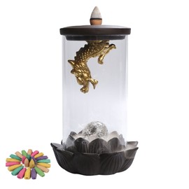 Ceramic Xianglong Waterfall Incense Burner with 20 Incense Cones,Incense Backflow with Led Lights and Windproof Acrylic Hood,Incense Waterfall Holder for Zen Decor, Home Decor, Room Decor