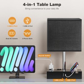 Fully Dimmable Bedside Lamps for Bedroom with USB C Ports, Kakanuo Black USB Table Lamp Set of 2, Wooden Desk Lamp with 2 Charging Outlets and Phone Stand for Nightstand and Living Room, Bulb Included