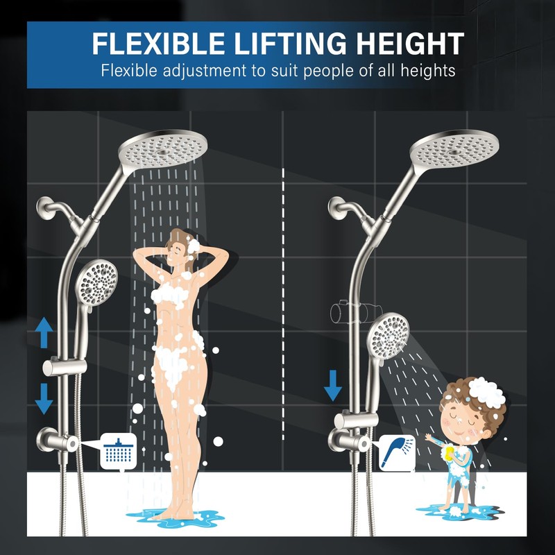 7.5" Rotatable Dual Shower Head with Handheld Combo, Kids Friendly