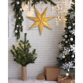 BRUBAKER 60 cm Paper Christmas Star for Hanging - LED Advent Star for Christmas Decoration and Windows - 3D Paper Star with Timer Function - Hanging Luminous Star - Gold