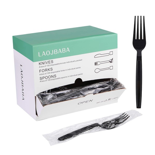 Laojbaba Plastic Fork Disposable Individually Wrapped/Packaged Black 7-Inch Commercial Take Away Super Hard Mass Heavy Forks 100 PCS