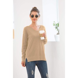 PCEAIIH Women's Jumpers Casual Lightweight V Neck Batwing Sleeve Knit Top Loose Pullover Sweater (L, Apricot)