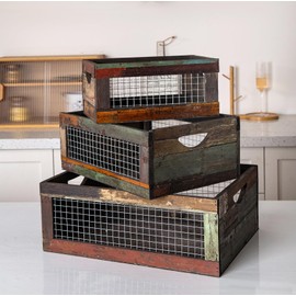 TIMRIS Set of 3 Rustic Wood Nesting Crates, Farmhouse Distressed Wooden Storage Boxes, Decorative Reclaimed Wood Organizer Baskets with Wire Mesh (Random)