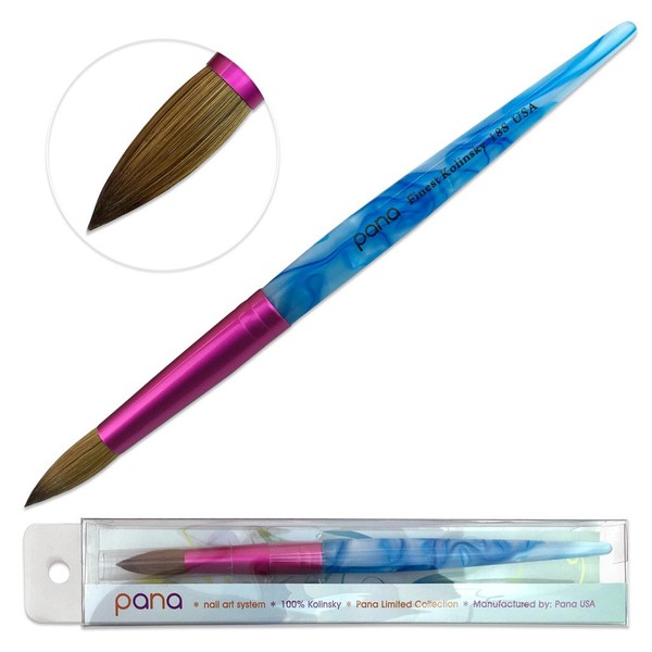 PANA USA Acrylic Nail Brush Pure Kolinsky Hair Acrylic White Swirl Blue Handle with Pink Ferrule Round Shaped - Size 18