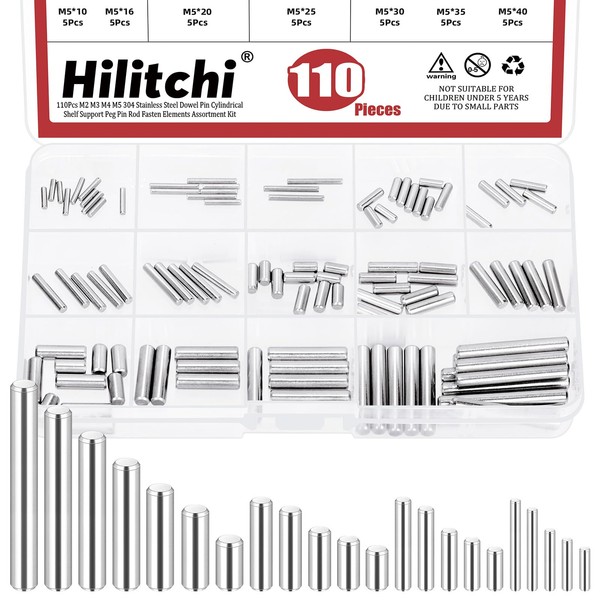 Hilitchi 110PCS Dowel Pin M2 M3 M4 M5 304 Stainless