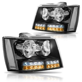 PM PERFORMOTOR LED DRL Headlights Assembly Compatible with Chevy Tahoe Suburban 07-14 | Headlamps with Black Housing Clear Corner