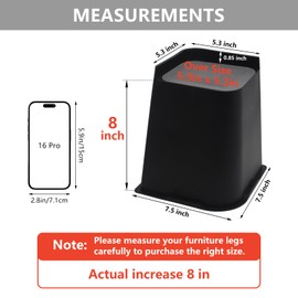 HANIHUA Bed Risers 8 inch Heavy Duty, 4 Pack Oversized Furniture Risers, Black Bed Lifts Risers for Table, Sofa, Chair, Couch, Desk, Bed Frame Risers Supports Up to 6,500 Lbs