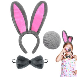 Rabbit Ears Headband Set, Easter Rabbit Ears Headband with Bow Tie Tail, Bunny Costume Accessory for Women Girls Easter Carnival Cosplay Party (Grey)