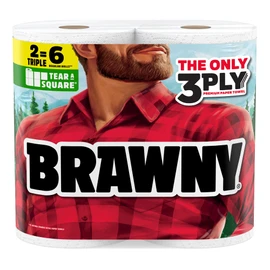 Brawny Tear-A-Square 3-Ply Paper Towels, 2 Triple Rolls = 6 Regular Rolls, Strong, Absorbent, and Durable with 3 Sheet Sizes (Quarter, Half, Full)