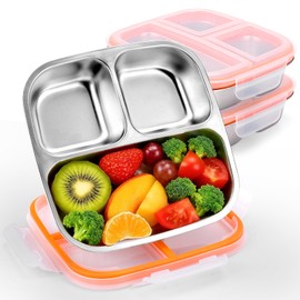 Palksky Stainless Steel Toddler Plates with Lids - 3-Pack Divided Baby Plates for Portion Control, Microwave & Dishwasher Safe Easy-Clean Lunch Trays