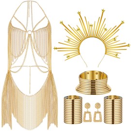 Sureio African Women Jewelry Set and Gold Full Body Chains, Stylish Indian Belly Chain Dress, Egypt Choker Earrings, Mary Crown Headpiece, Boho Vintage Costume for Photography, Cosplay
