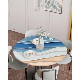 CNNKEPTBLE Round Fitted Tablecloth, Abstract Blue Gradient Ocean Waves Waterproof Table Cover with Elastic Edge, Brown Water Ripple Wipeable Table Covers for Indoor Outdoor,36-44IN