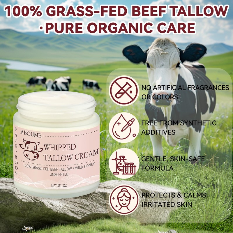 Beef Tallow for Skin, 100% Grass-Fed Whipped Beef Tallow and