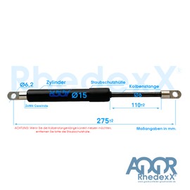 RhedexX® Gas Spring Joint Eye 275 mm/110 mm/50N-400N - Gas Spring with M6 Eye Mount Length 275 mm, Stroke 110 mm, Force: 50N-400N (275/110/300N)
