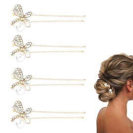 4 Pack Butterfly Pearl Rhinestone Hair Clips, U Shaped Hair Accessories, Pearl Hair Accessories, U Shaped Pearl Hair Clips Set for Wedding, Bride, Bridesmaid, Girls and Women