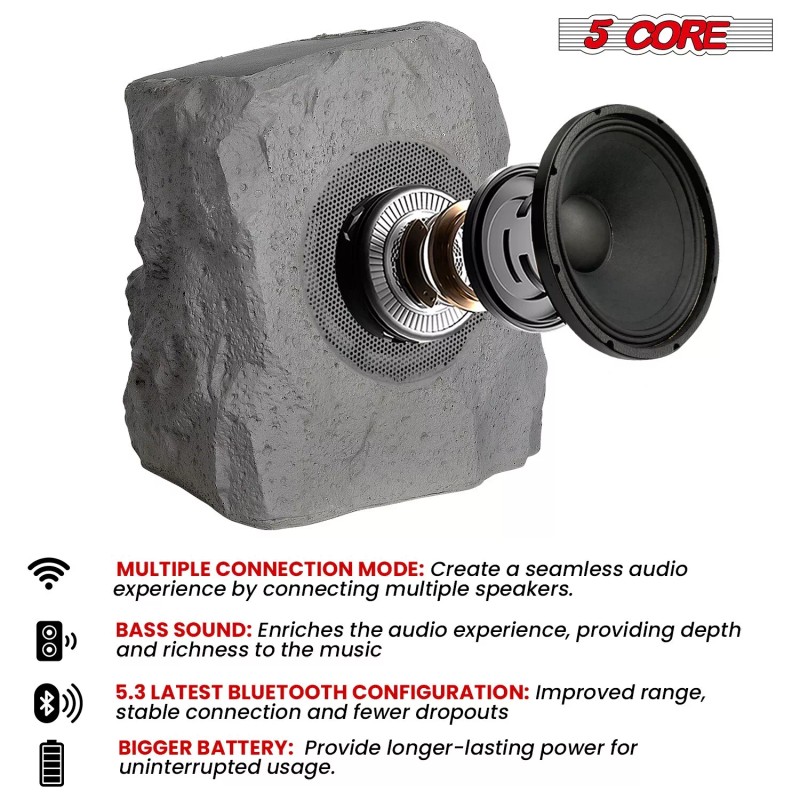 5Core Rock Speaker Outdoor Waterproof Bluetooth Garden Speakers Solar USB