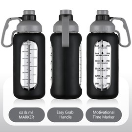 MUKOKO 64oz Glass Water Bottles with Straw, Half Gallon Water Bottle with Time Marker, Motivational Water Bottle with Silicone Sleeves,Large Glass Water Bottle for Gym,Working,Outdoor,Black